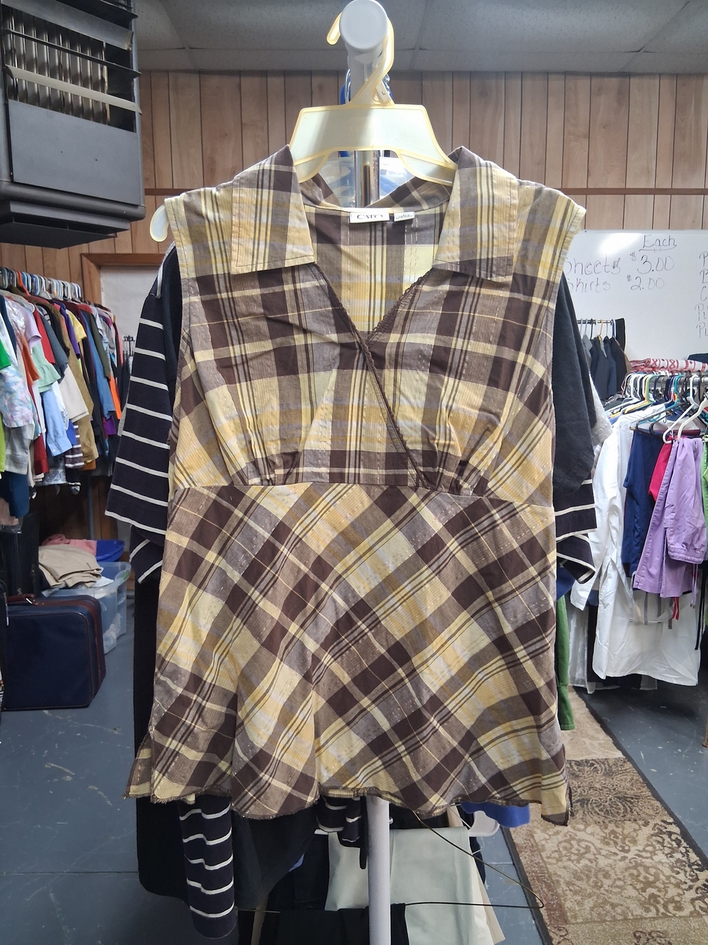 Cato Yellow and Brown Plaid Sleeveless Peplum Blouse